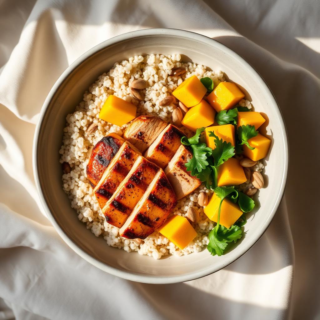 Bowl de quinoa con pollo, mango y pepitas