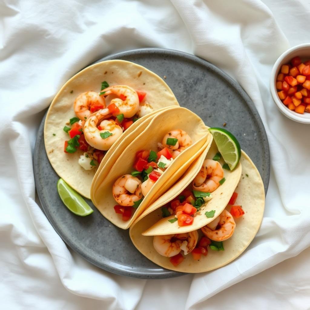 Tacos de camarón al ajillo con pico de gallo