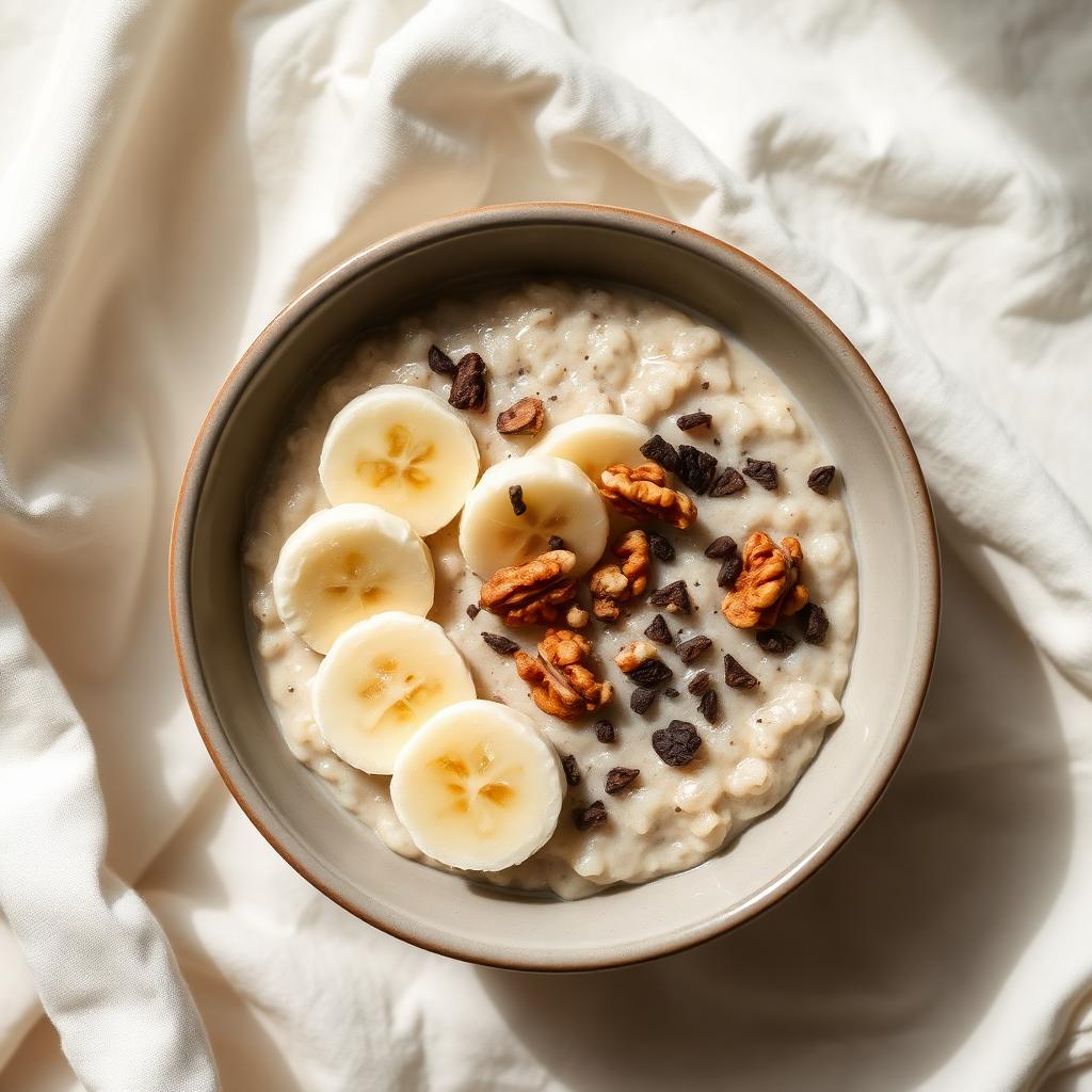 Avena cremosa con plátano, nuez y cacao